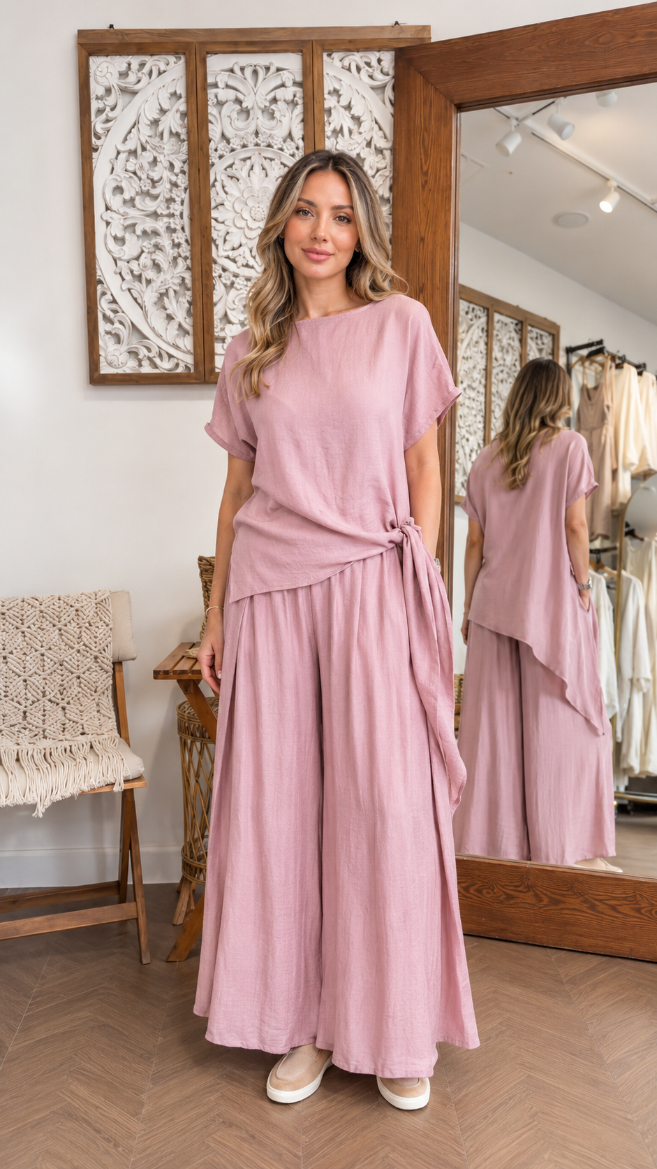Luna Tie-Front Top & Flowing Wide-Leg Pants Two-Piece Set
