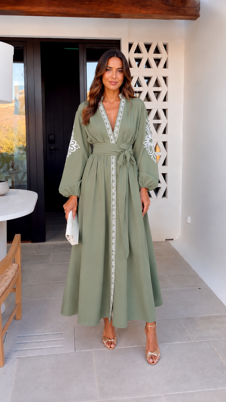 Elara Embroidered Waist Tie Maxi Dress