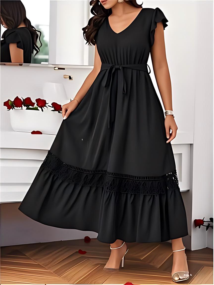 V-Neck Solid-Colored Lace-Patchwork Short-Sleeve Dress