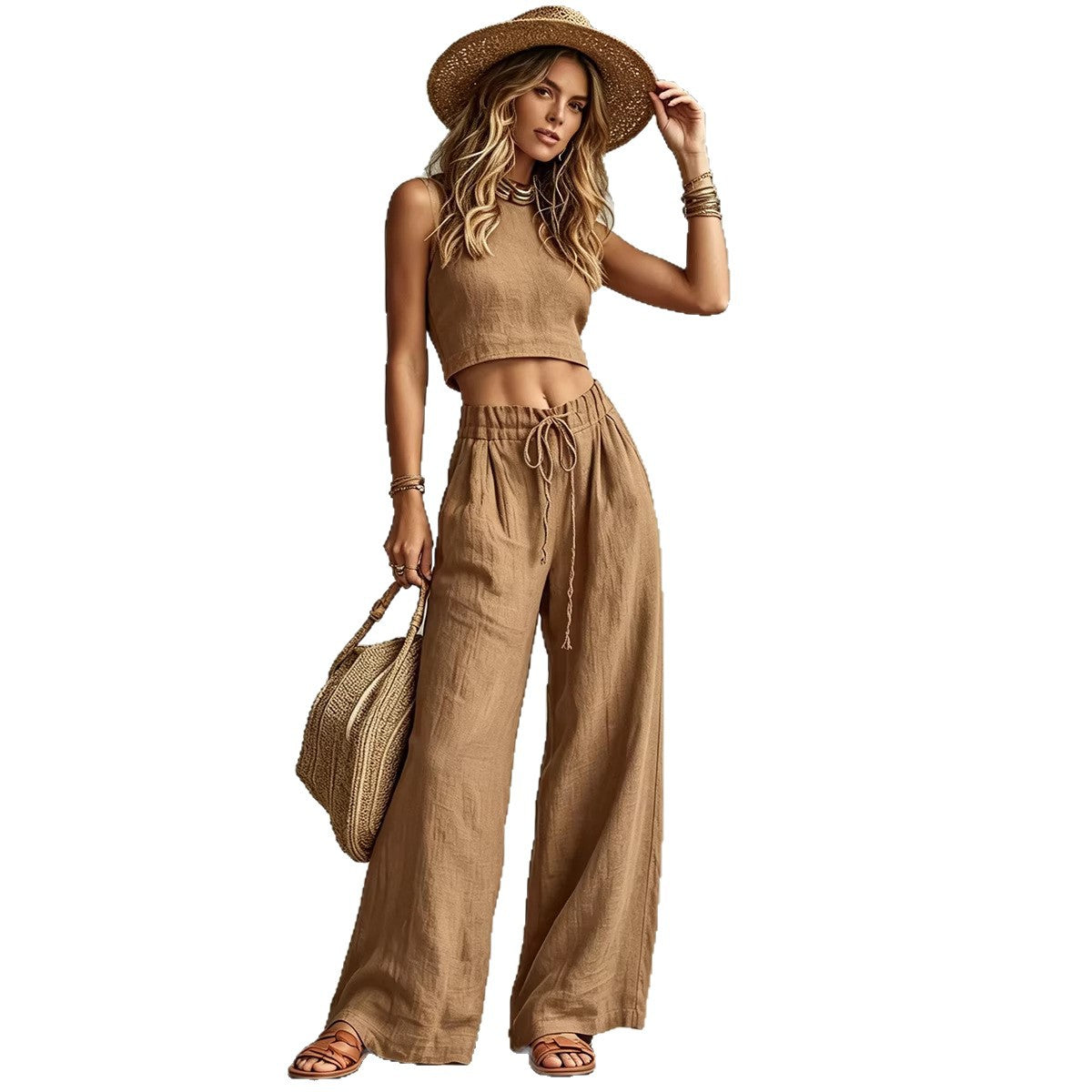 Vest Drawstring High-Waist Wide-Leg Pants Two-Piece Set