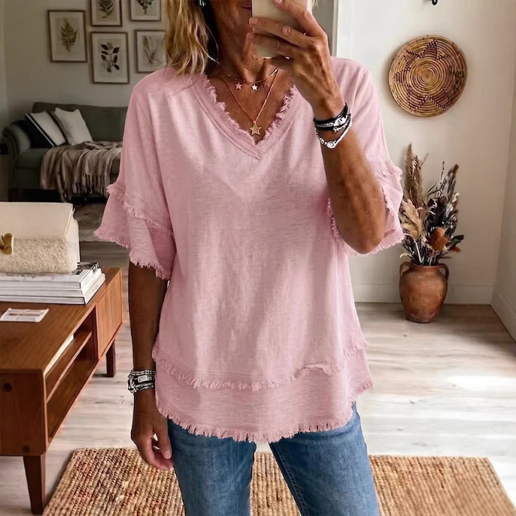 V-Neck Pullover Short-Sleeve Loose Shirt