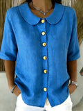 Elegant And Stylish Cotton-Linen Womens Short-Sleeve Shirt With Buttons