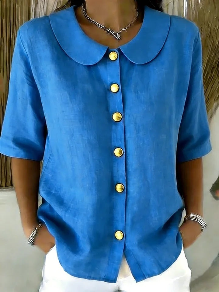Elegant And Cotton-Linen Short-Sleeve Shirt With Buttons