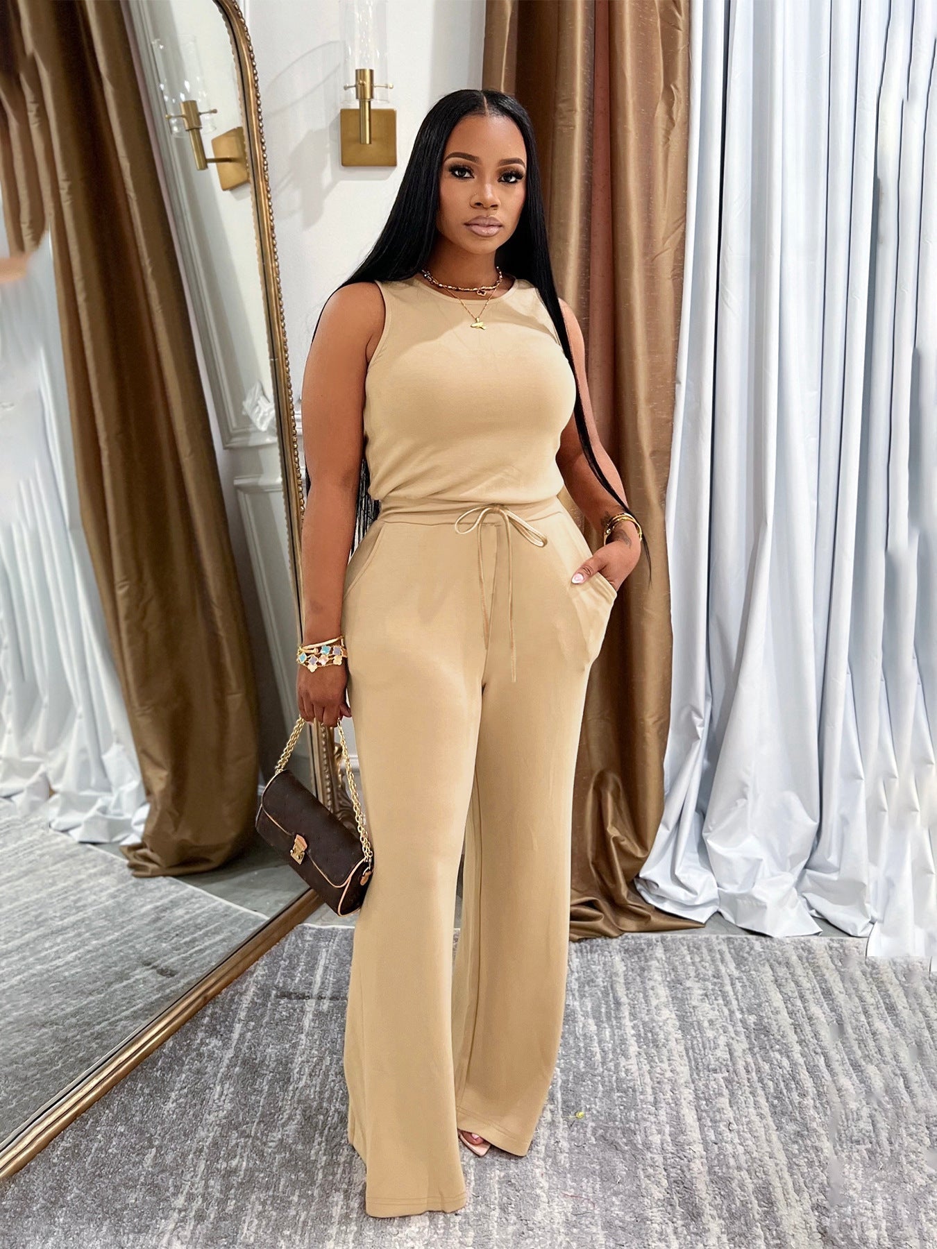 Summer New All-Match EuropeanAmerican Style Fashionable Slimming Casual Solid-Colored Lace-Up Jumpsuit