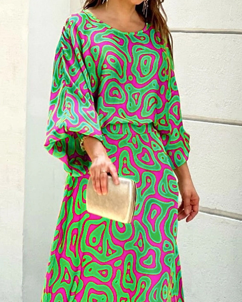 Crew Neck Print Top & Skirt Two Piece Set