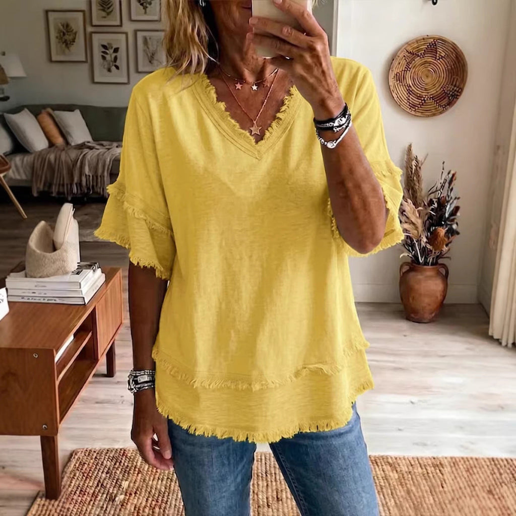Women's V-Neck Pullover Short-Sleeve Loose Shirt