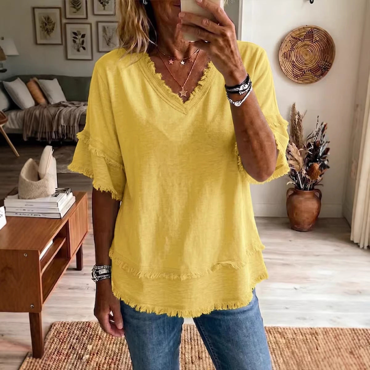 Women's V-Neck Pullover Short-Sleeve Loose Shirt