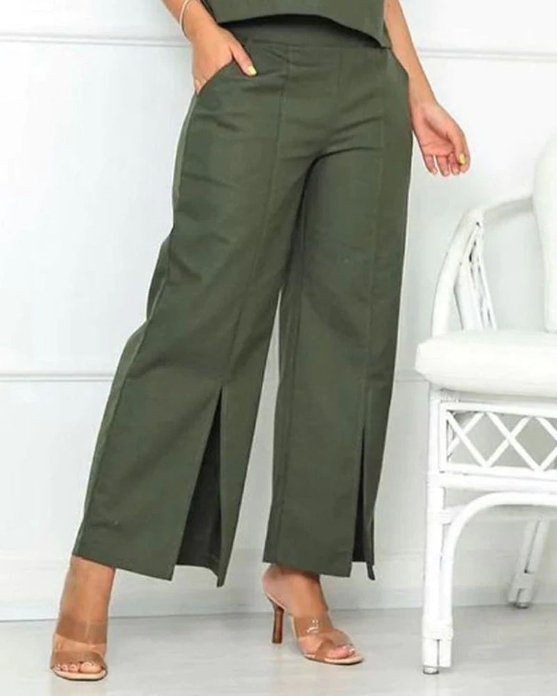 Casual Sleeveless Tank Top & Slit Pants Two-Piece Set
