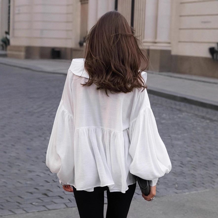 White Doll-collar Shirt With Lantern Sleeves