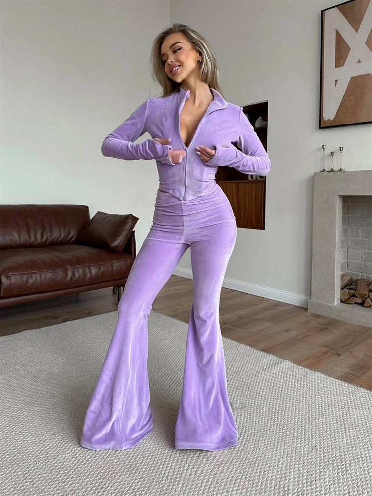 Style Casual Solid-Color Zip-Up Long-Sleeve Fitted Cardigan And Elastic Waist