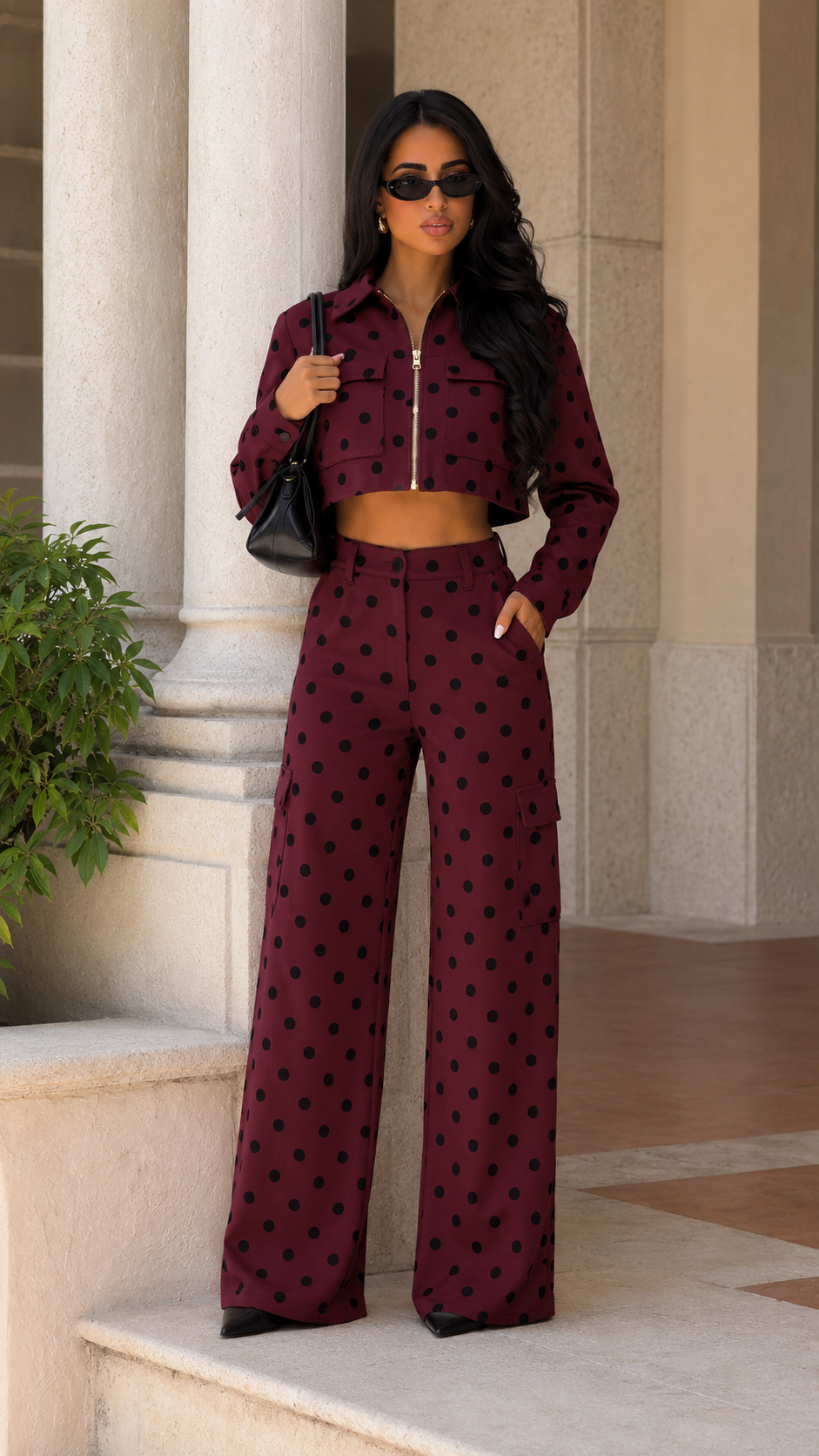 Camille Polka Dot Cropped Jacket & Wide-Leg Pants Two-Piece Set