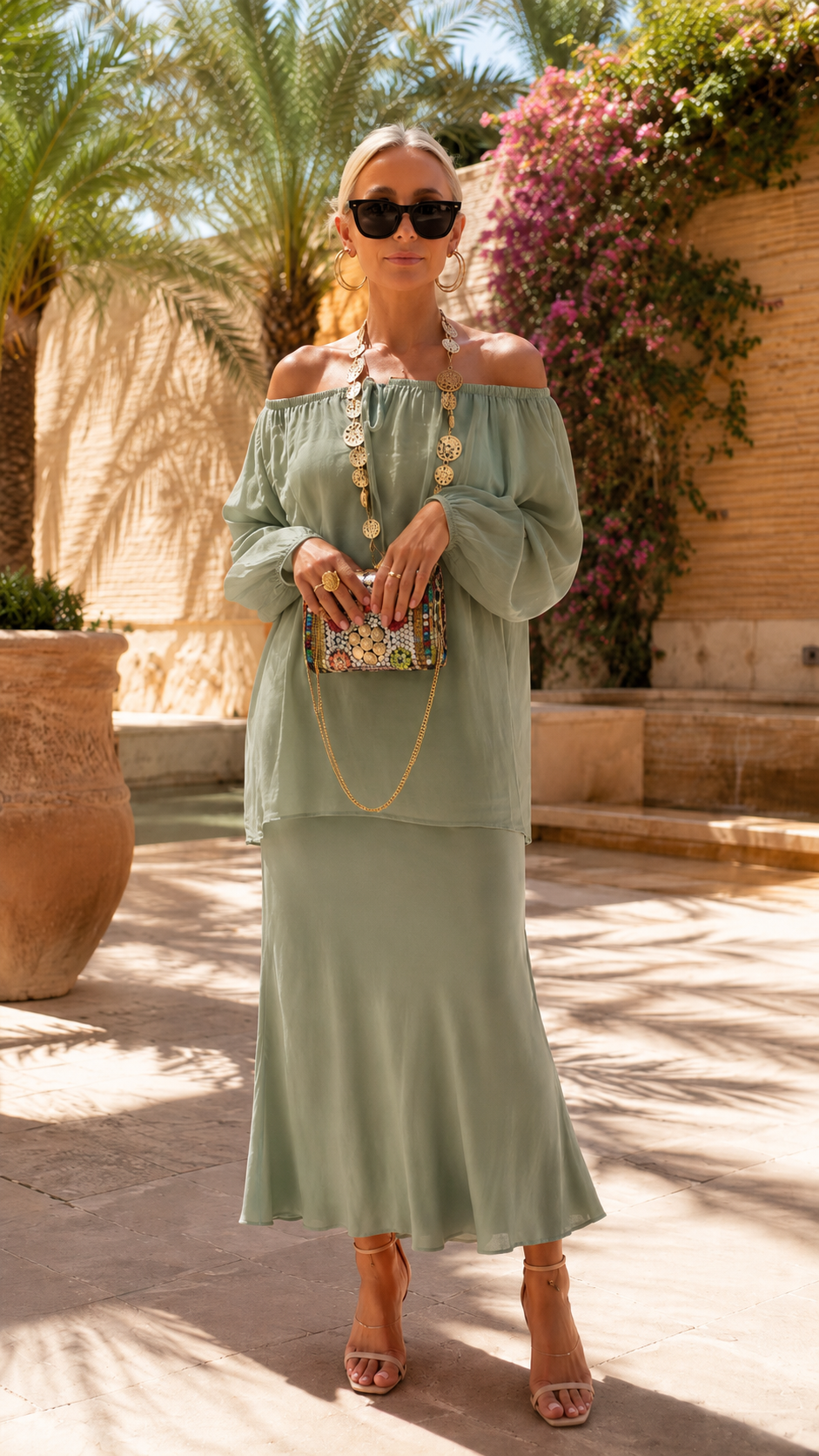 Off Shoulder Chiffon Two Piece Maxi Dress Set