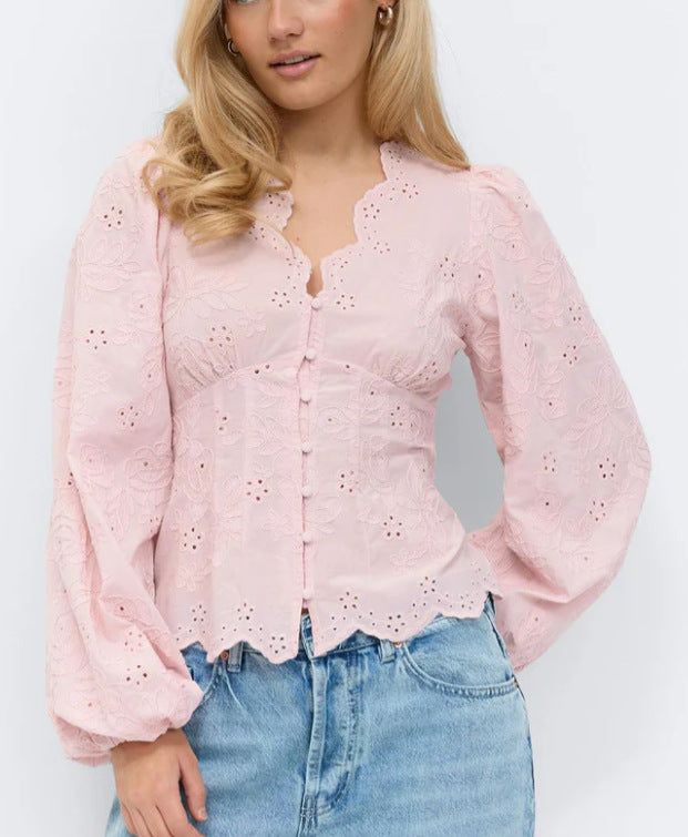 Lace-Trimmed Casual Solid-Color Shirt