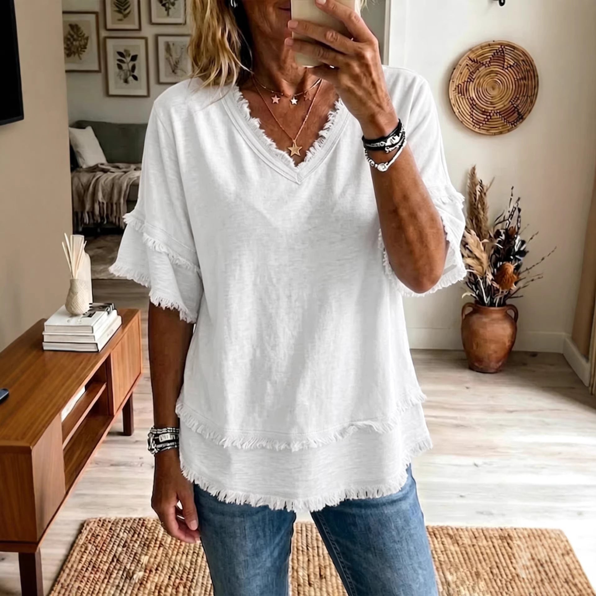 V-Neck Pullover Short-Sleeve Loose Shirt