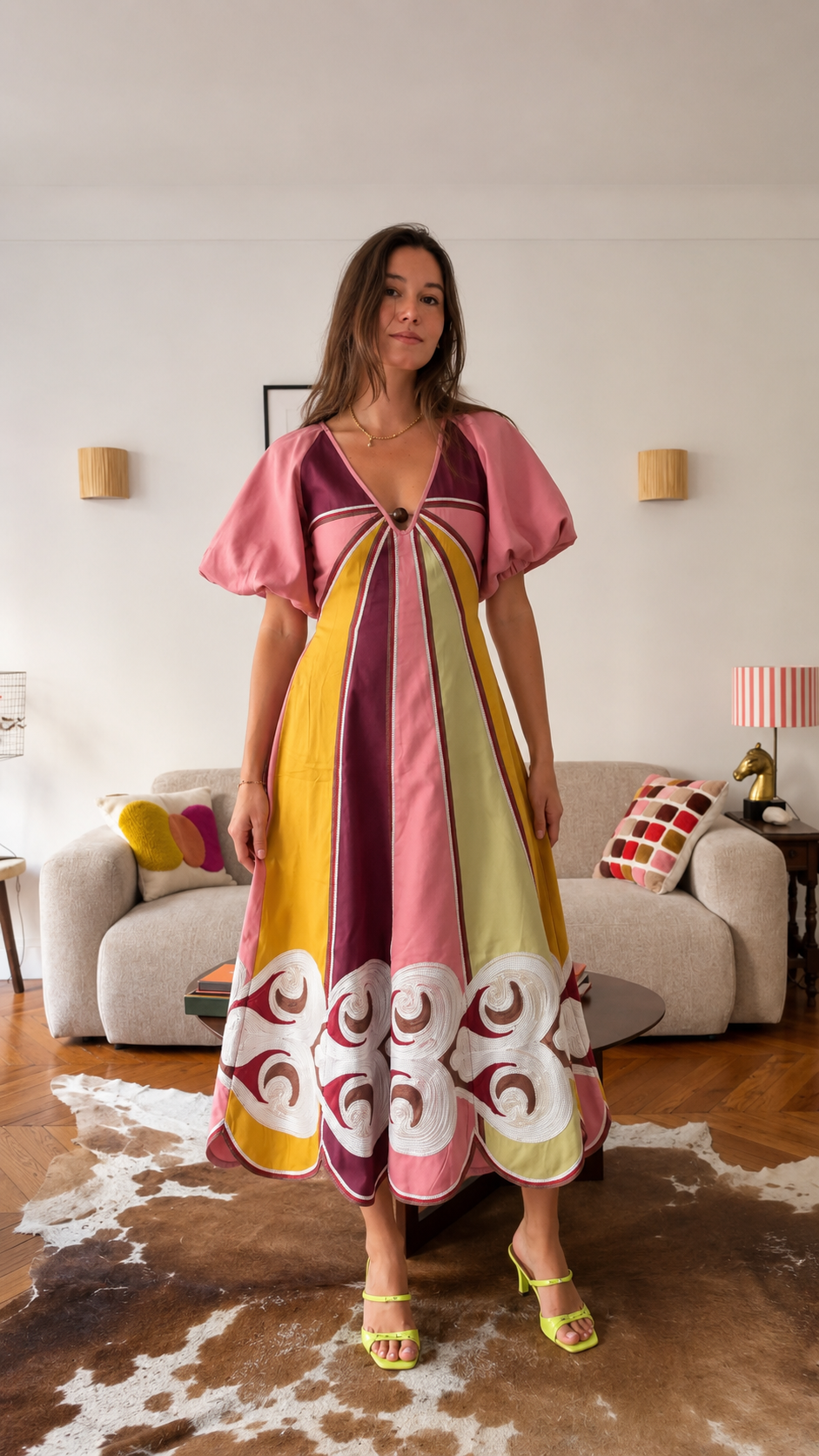 Color Block Embroidered Midi Dress