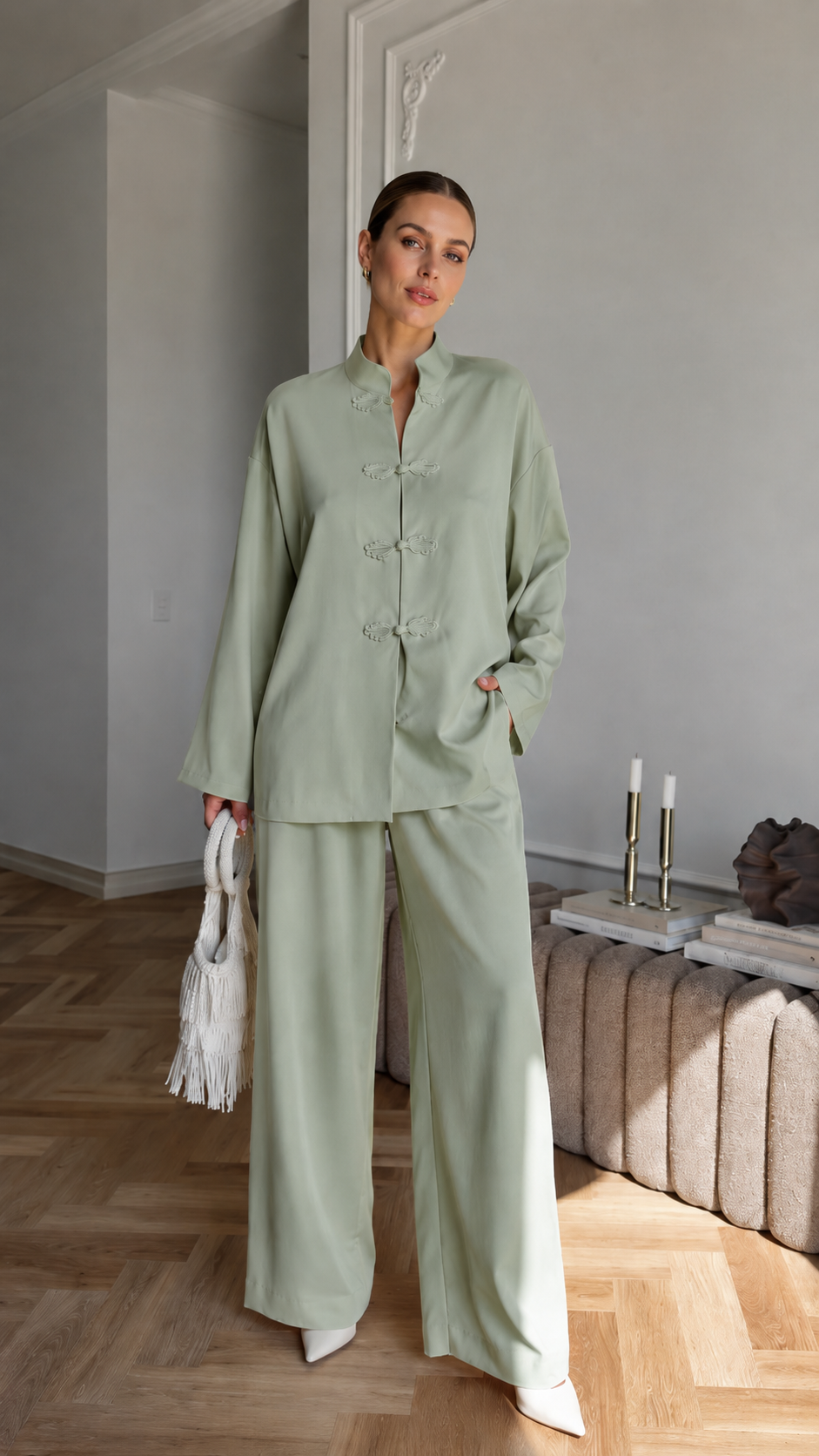 Elegant Mandarin Collar Wide-Leg Two-Piece Set