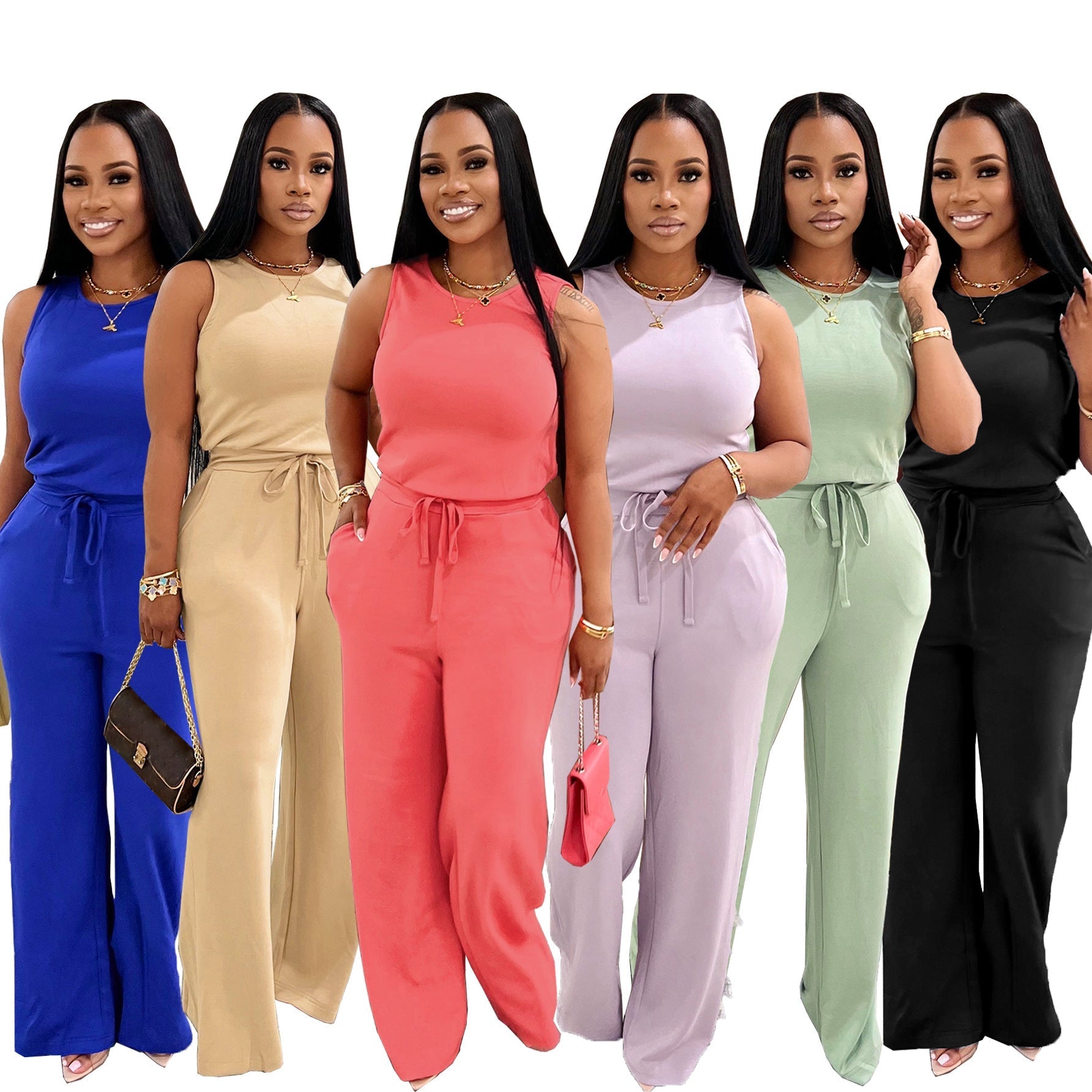 Casual Solid-Colored Lace-Up Jumpsuit