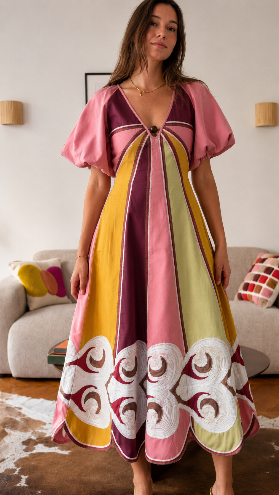 Color Block Embroidered Midi Dress
