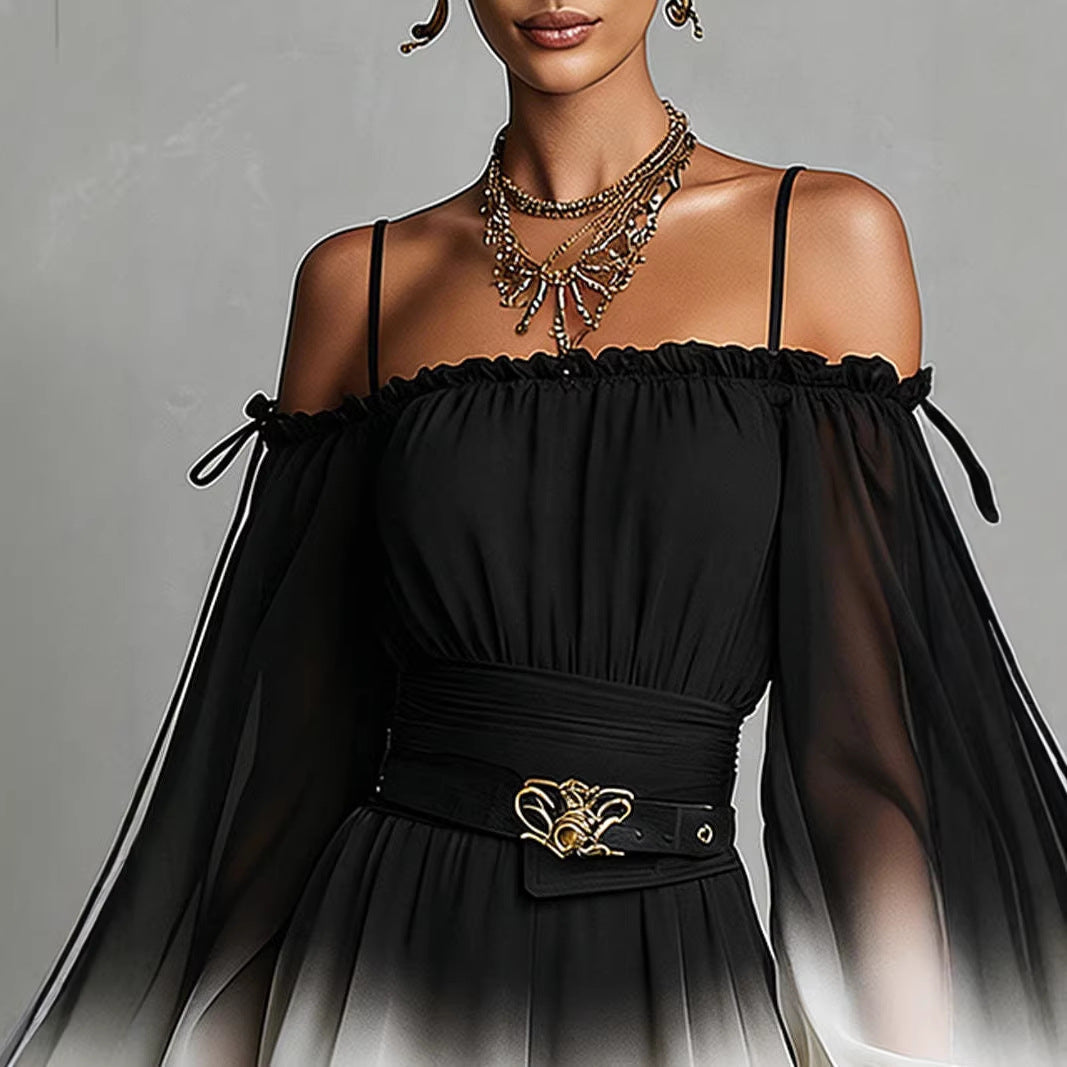 Off-Shoulder Ombre Jumpsuit Summer Sexy Bandage Waist-Fitted Shorts With Belt