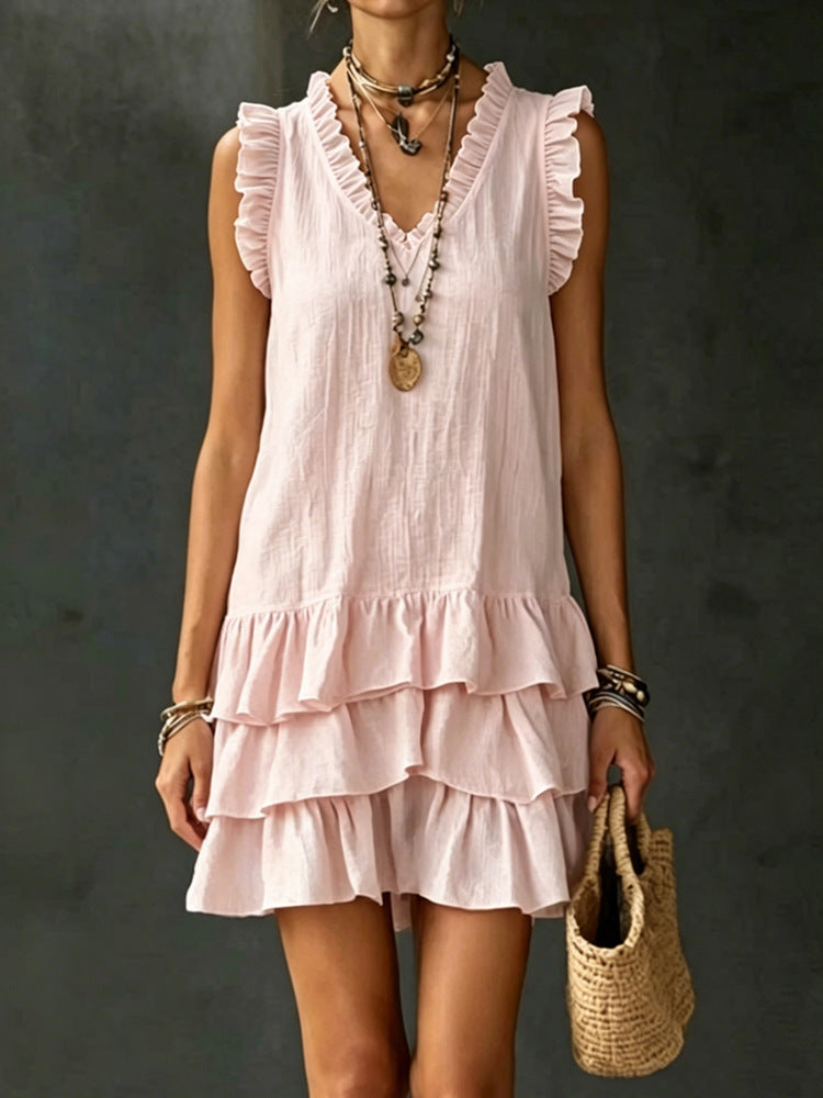 Casual V-Neck Ruffle-Trim Sleeveless Dress