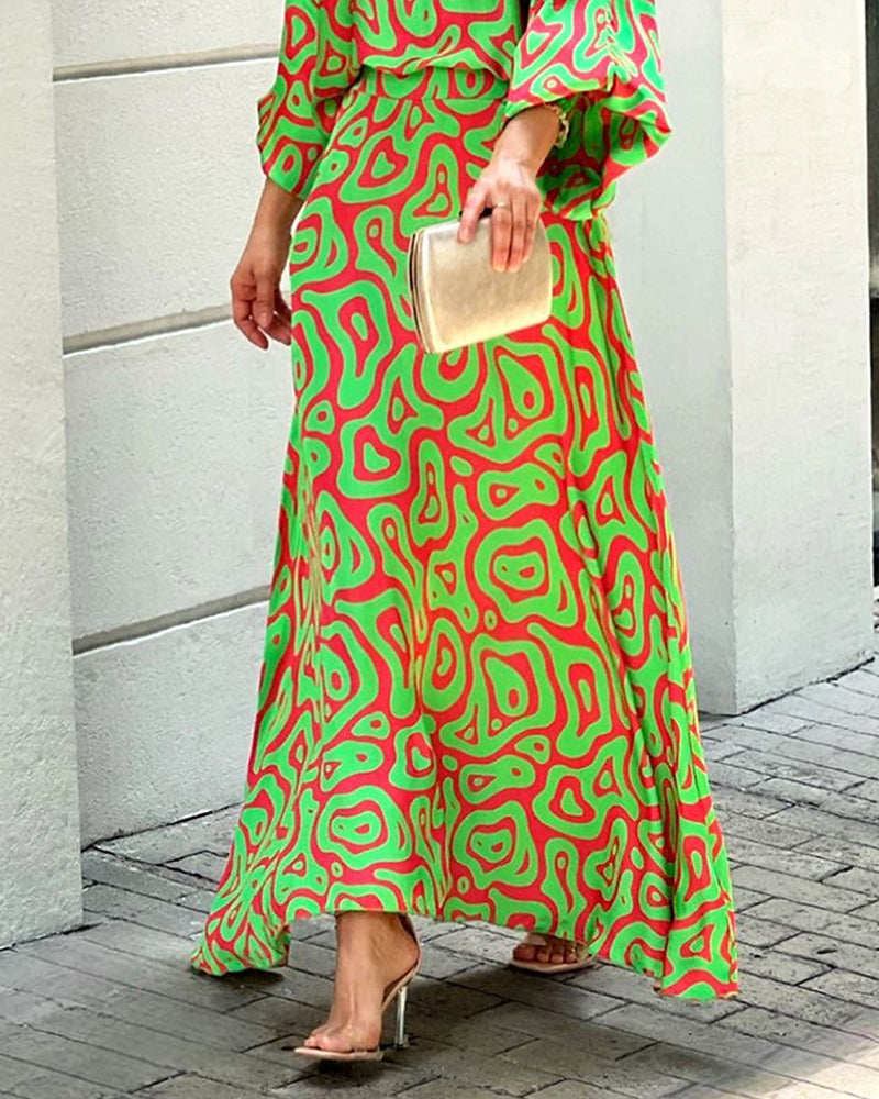 Crew Neck Print Top & Skirt Two Piece Set