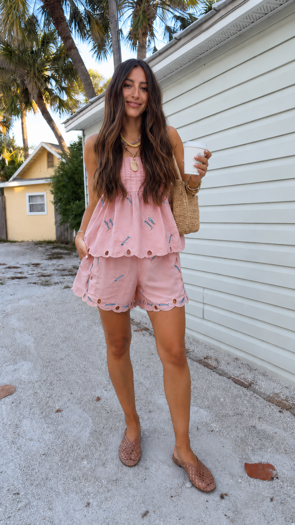 Embroidered Fish Pattern Two Piece Summer Set
