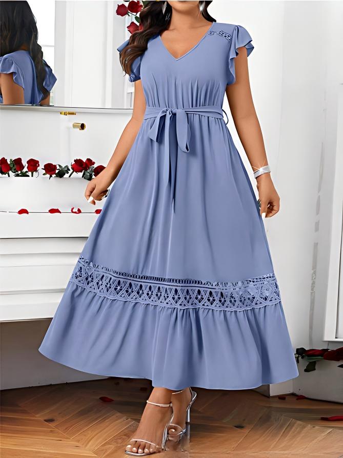 V-Neck Solid-Colored Lace-Patchwork Short-Sleeve Dress
