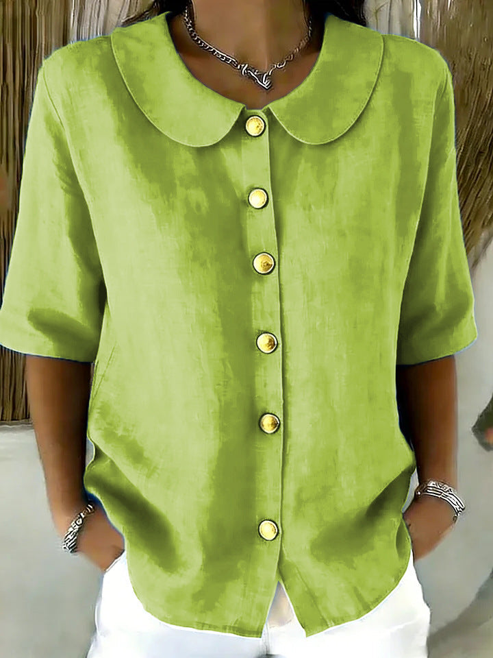 Elegant And Cotton-Linen Short-Sleeve Shirt With Buttons