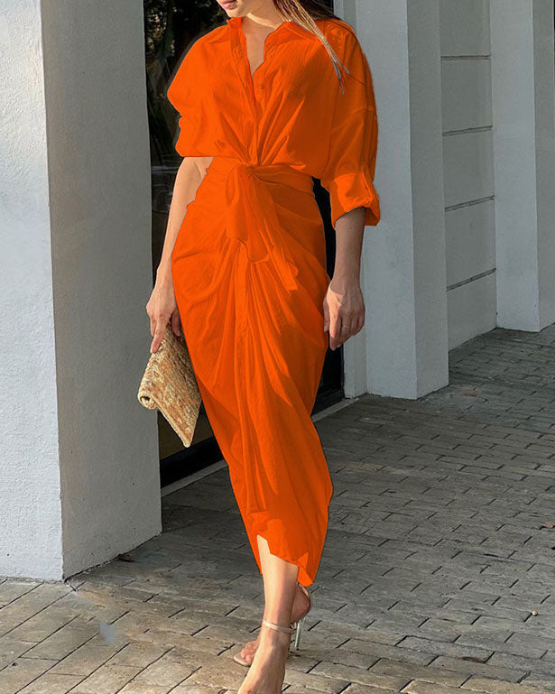 Lapel Shirt Solid Color Dress