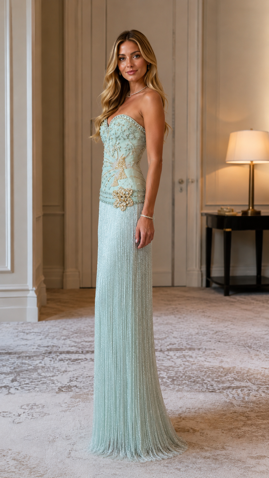 Strapless Beaded Fringe Maxi Dress