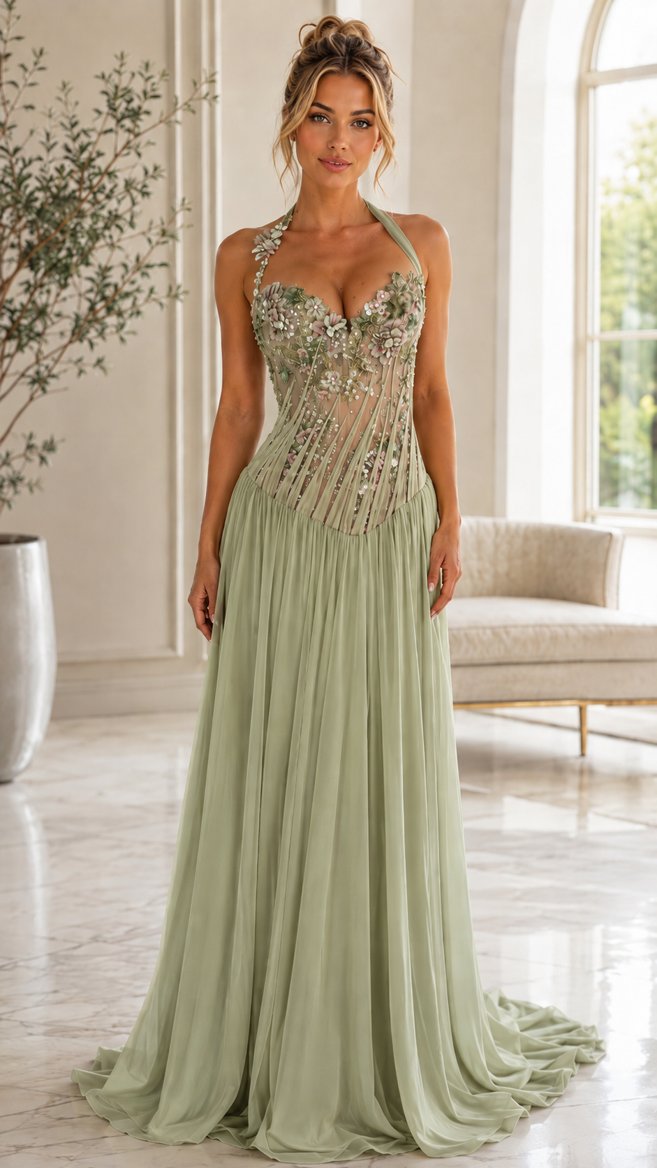 Floral Appliqué Halter Maxi Dress