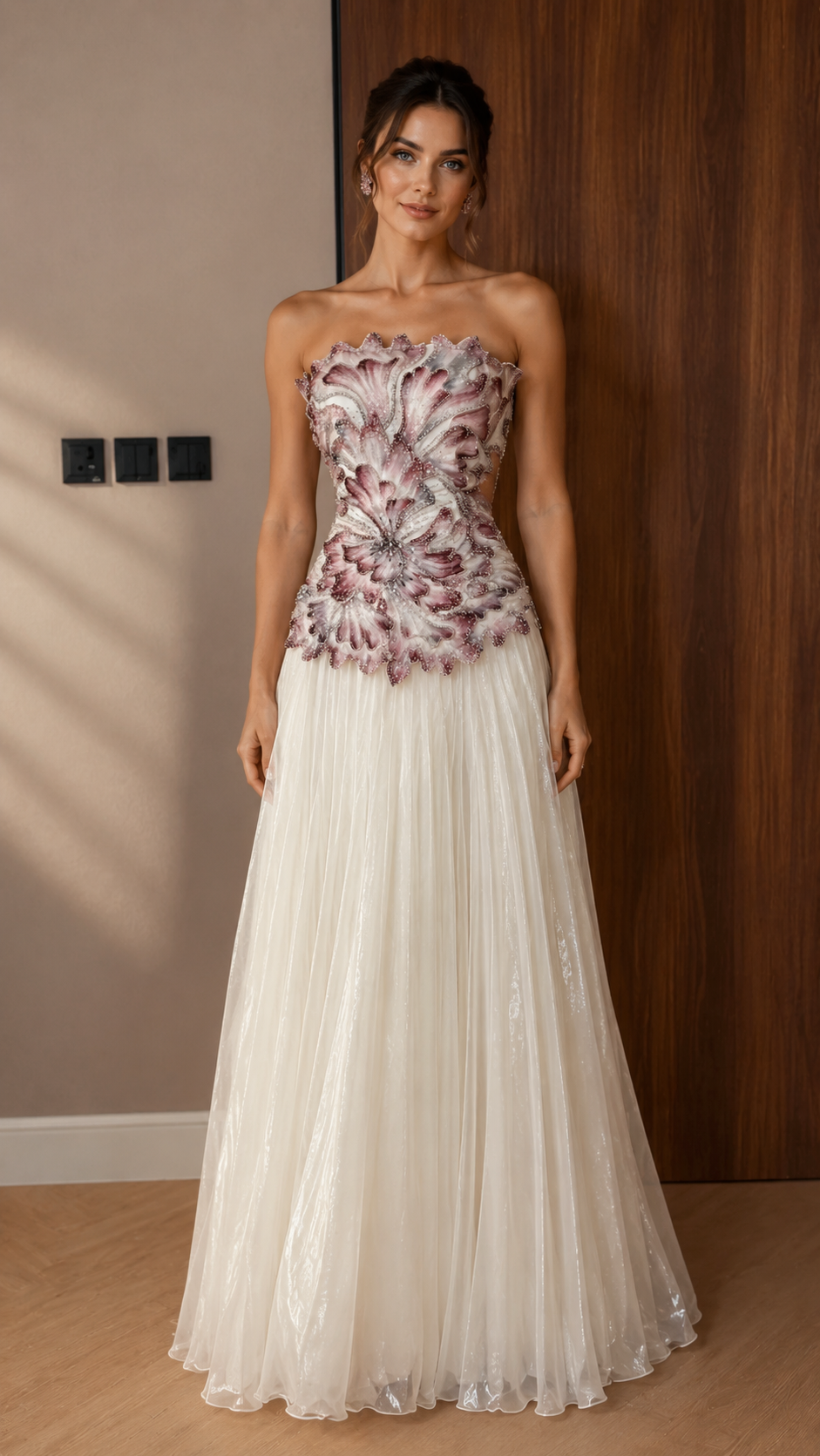 Strapless Floral Appliqué Maxi Dress