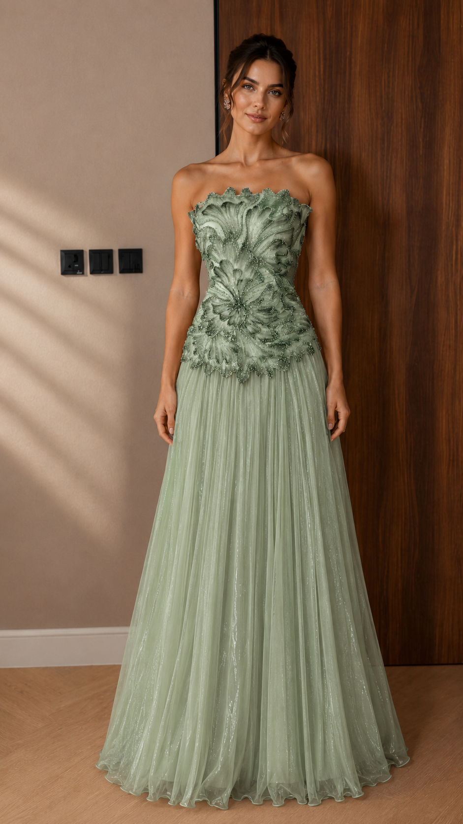 Strapless Floral Appliqué Maxi Dress