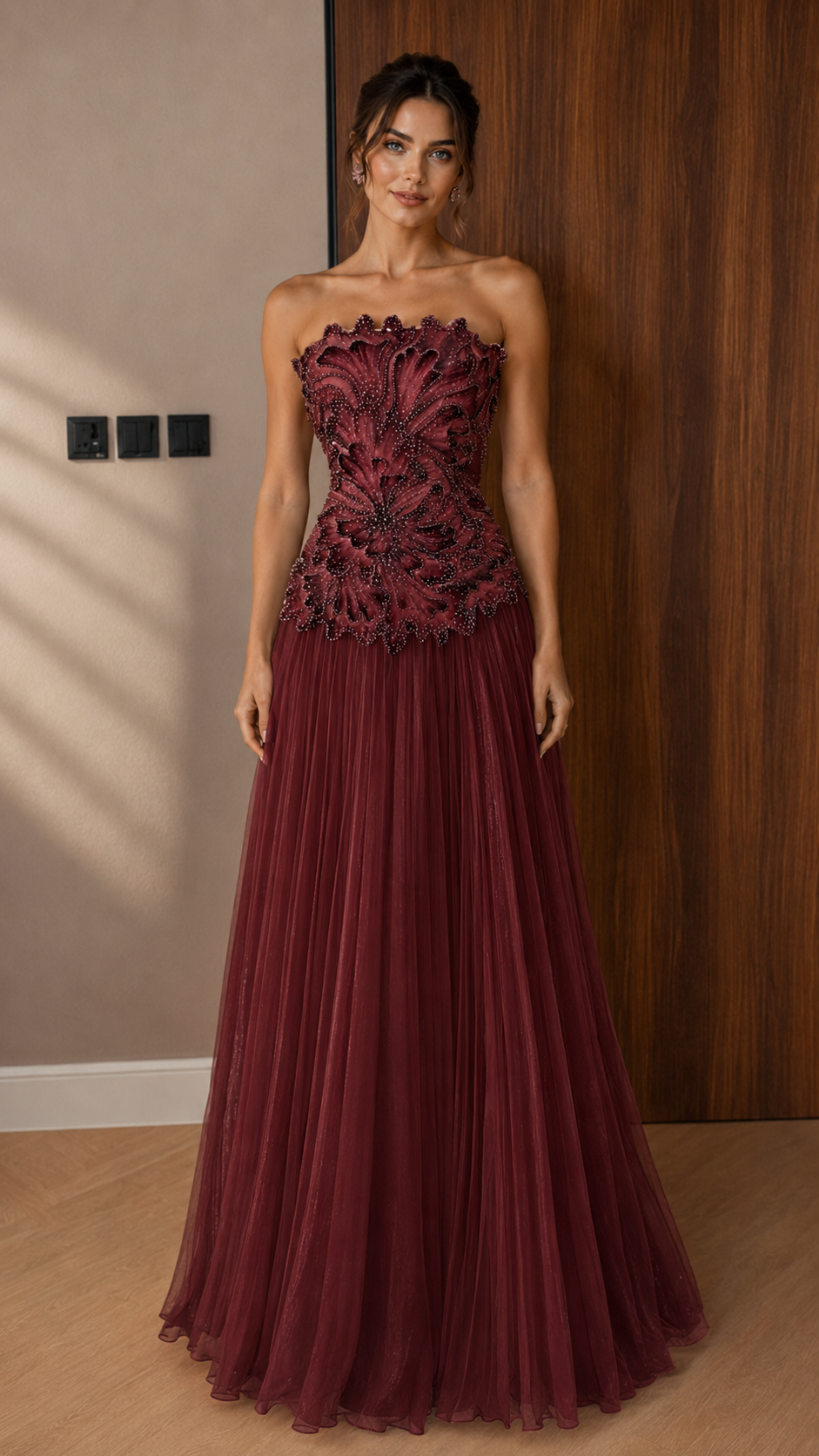 Strapless Floral Appliqué Maxi Dress