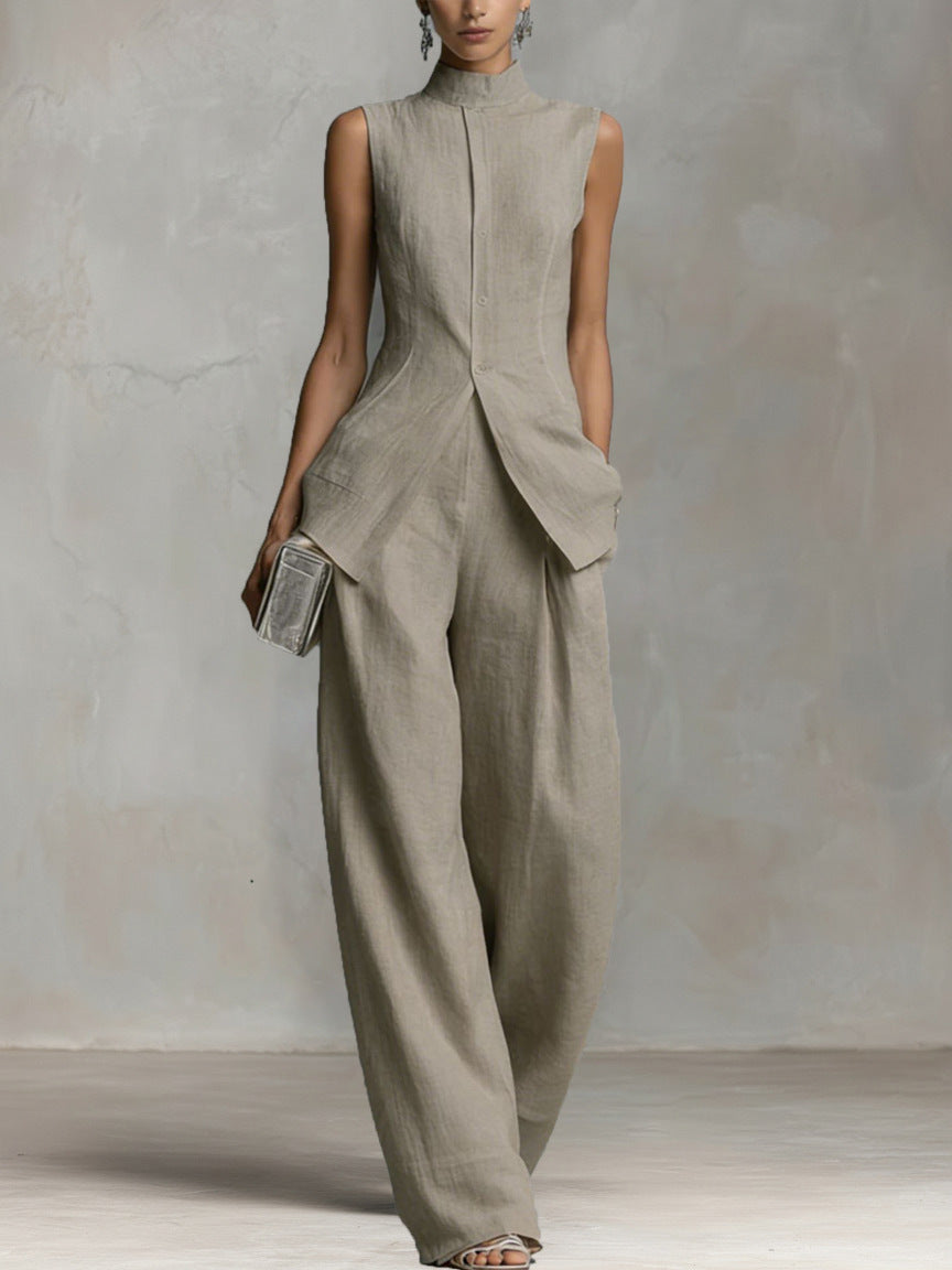 Sleeveless Linen-Blend Button Vest Wide Leg Set