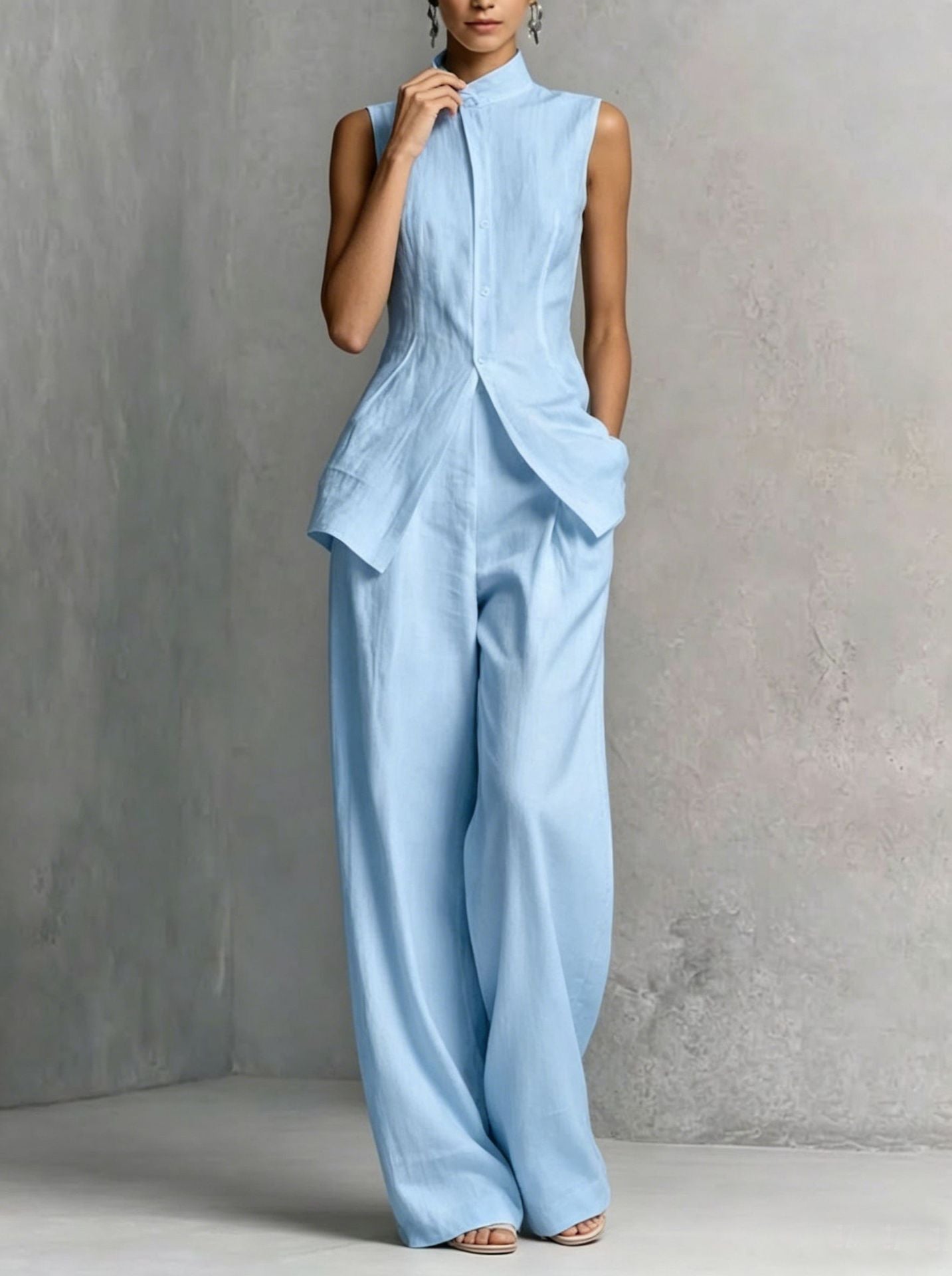 Sleeveless Linen-Blend Button Vest Wide Leg Set