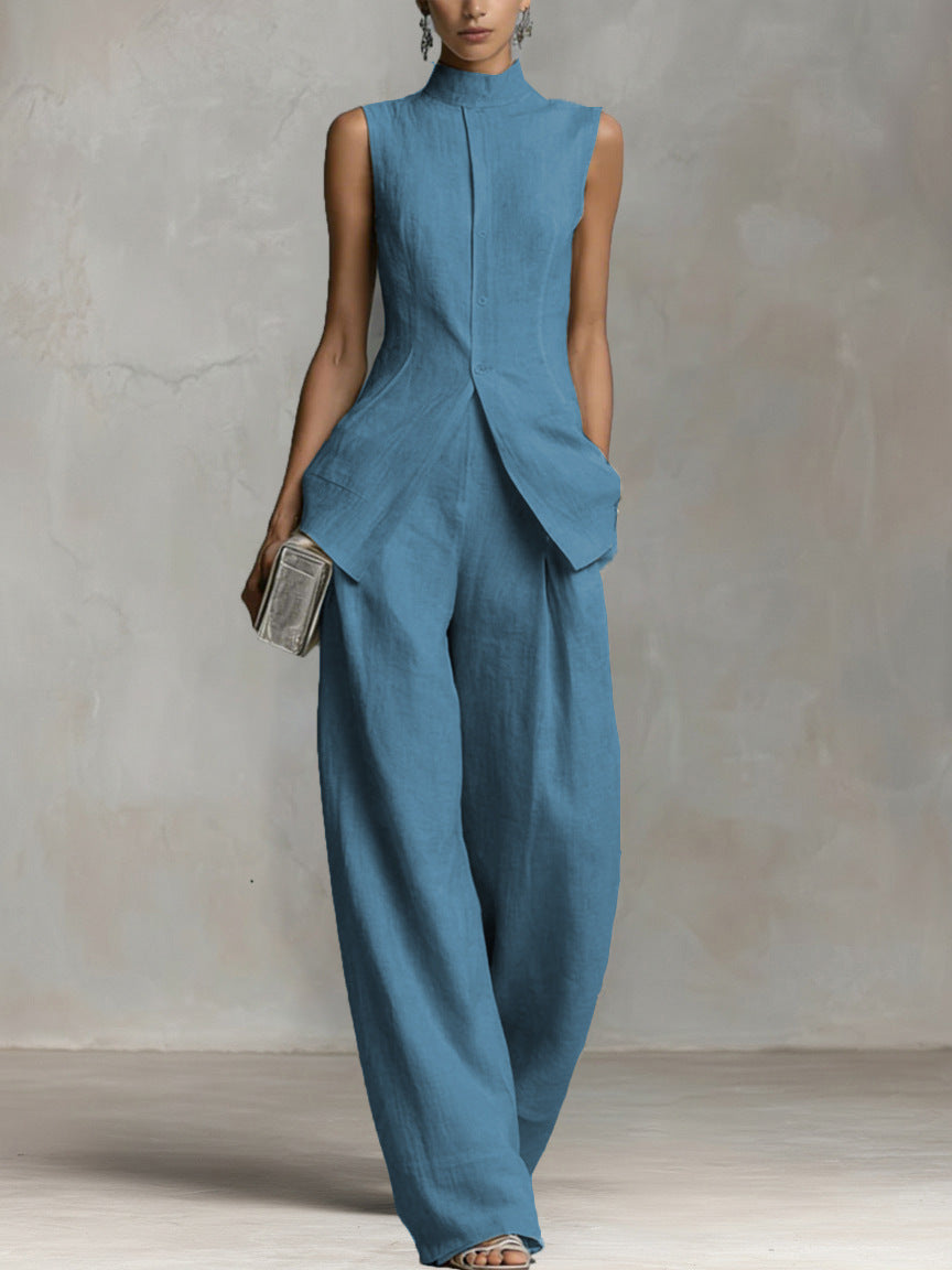 Sleeveless Linen-Blend Button Vest Wide Leg Set