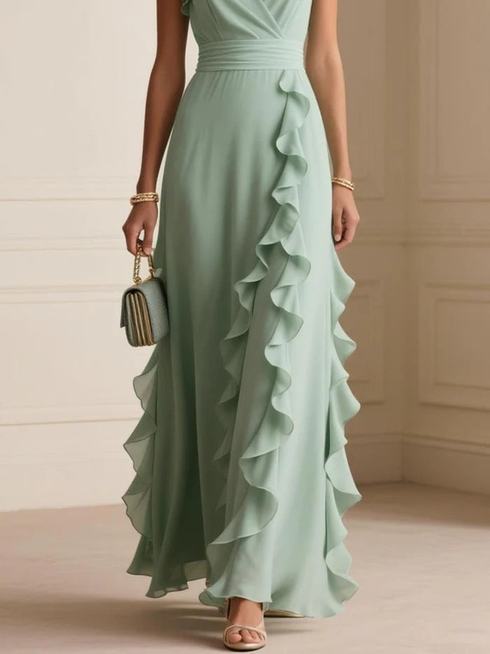 Elegant V Neck Ruffle Maxi Dress With Flutter Sleeves