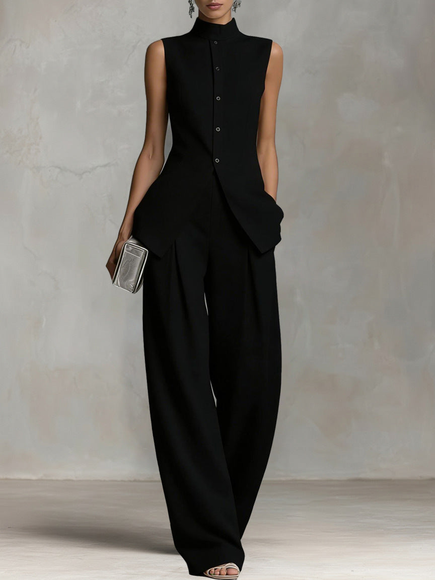 Sleeveless Linen-Blend Button Vest Wide Leg Set