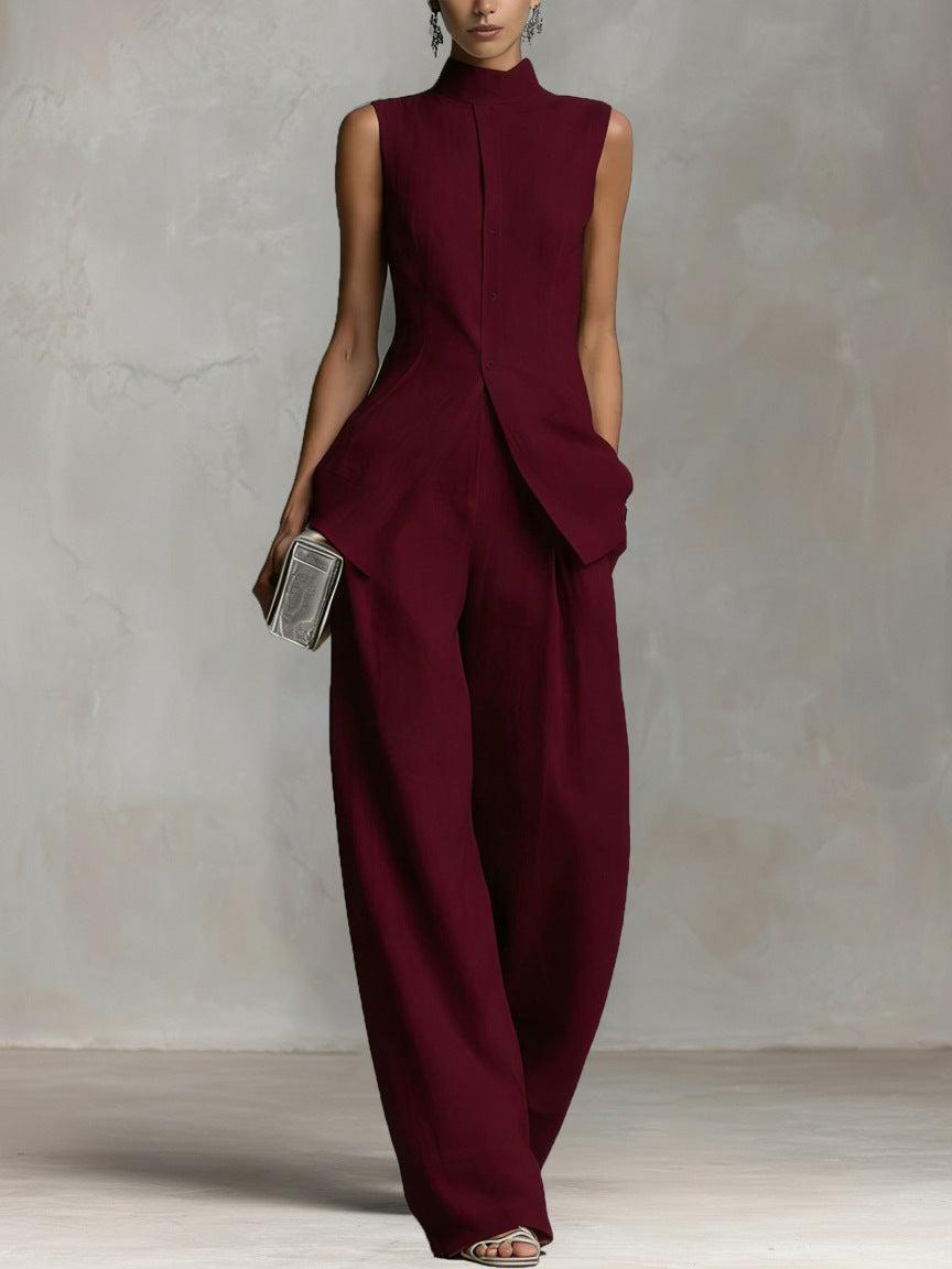Sleeveless Linen-Blend Button Vest Wide Leg Set