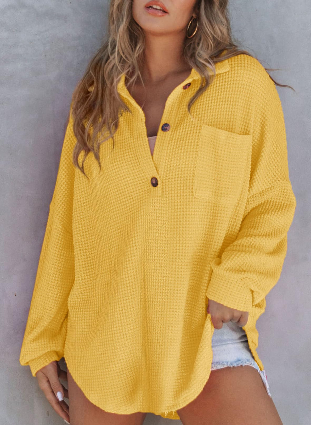 New Waffle Knit Henley V Neck Shirt Jacket