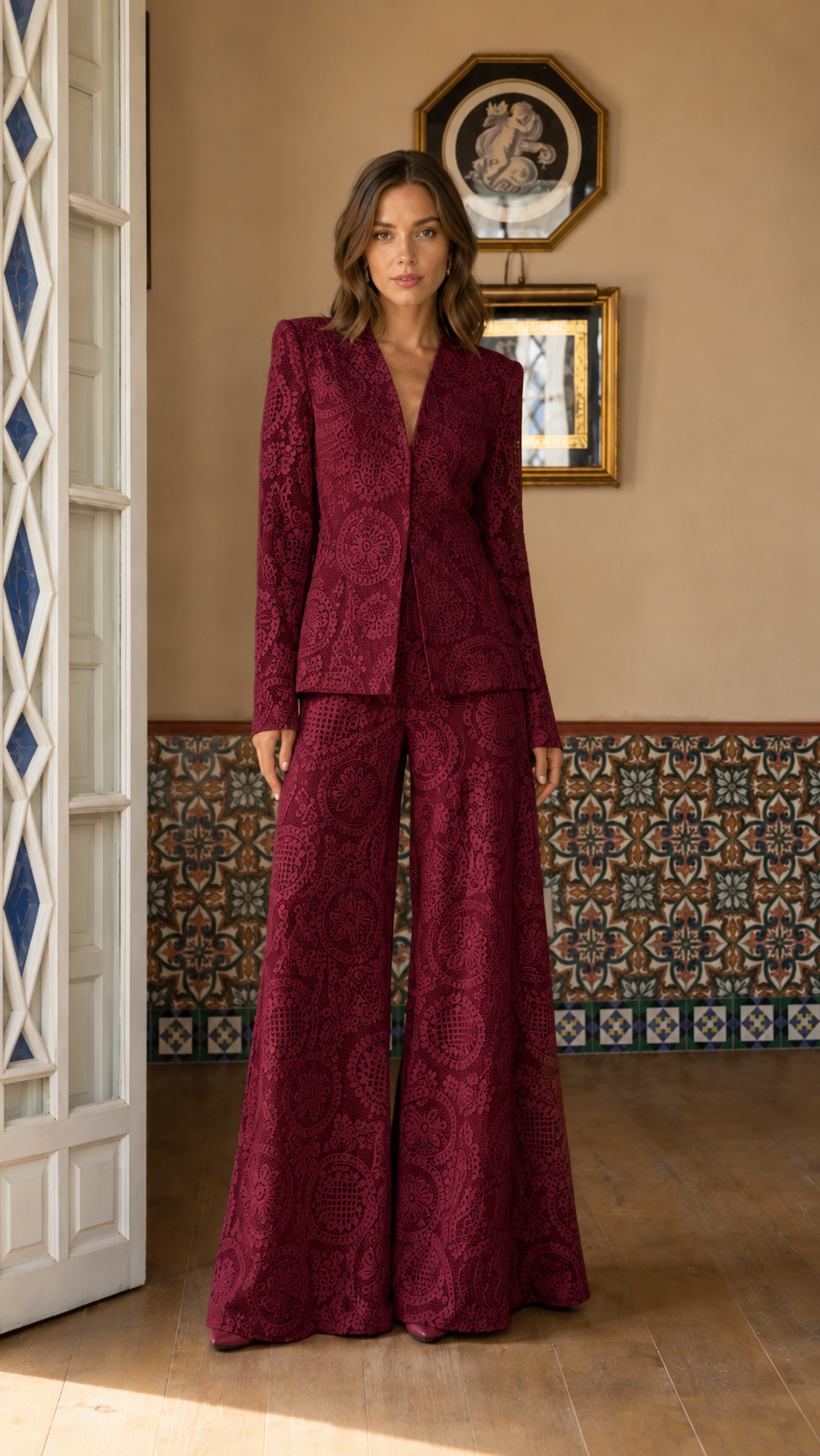 Elegant Lace Blazer & Wide Leg Pants Set