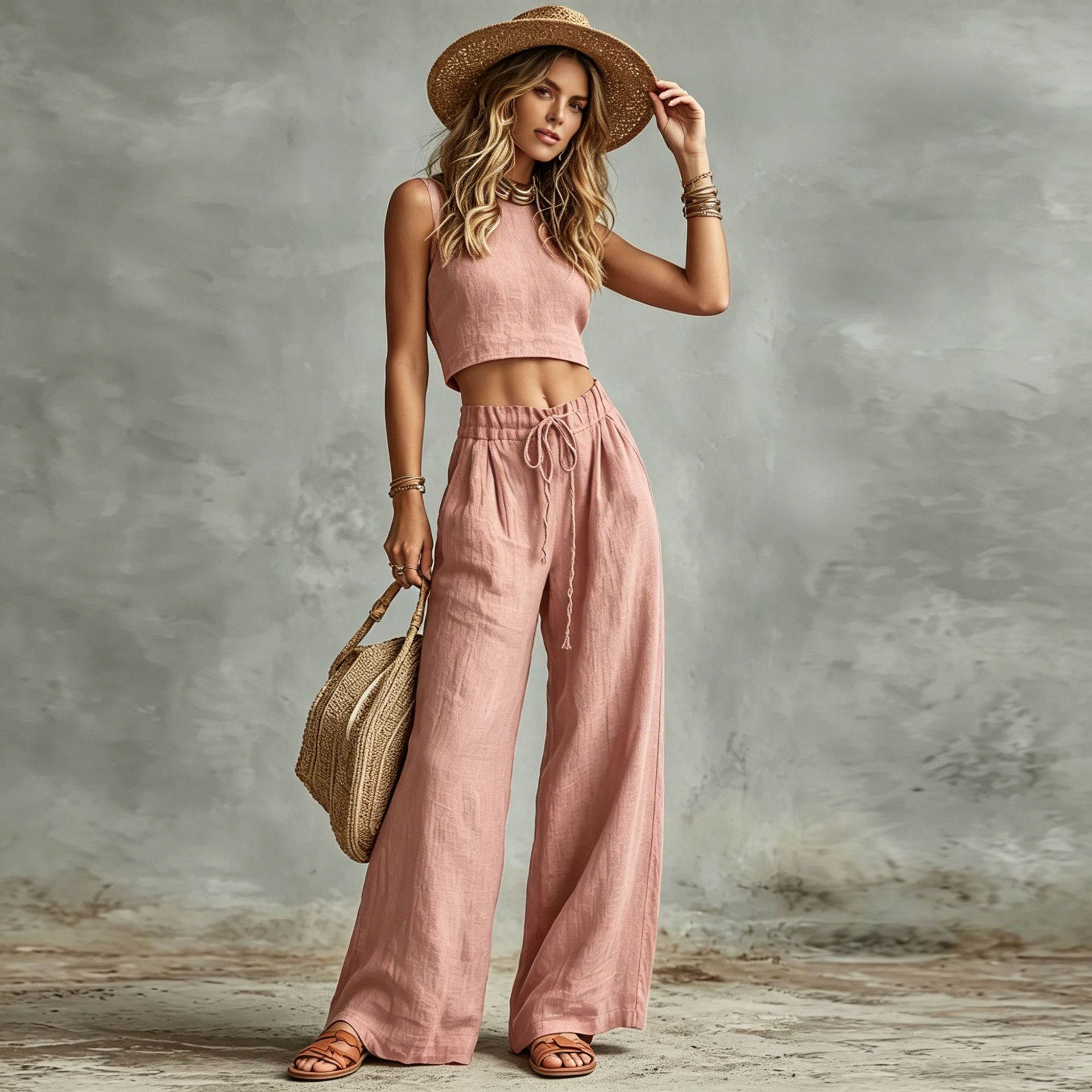 Vest Drawstring High-Waist Wide-Leg Pants Two-Piece Set