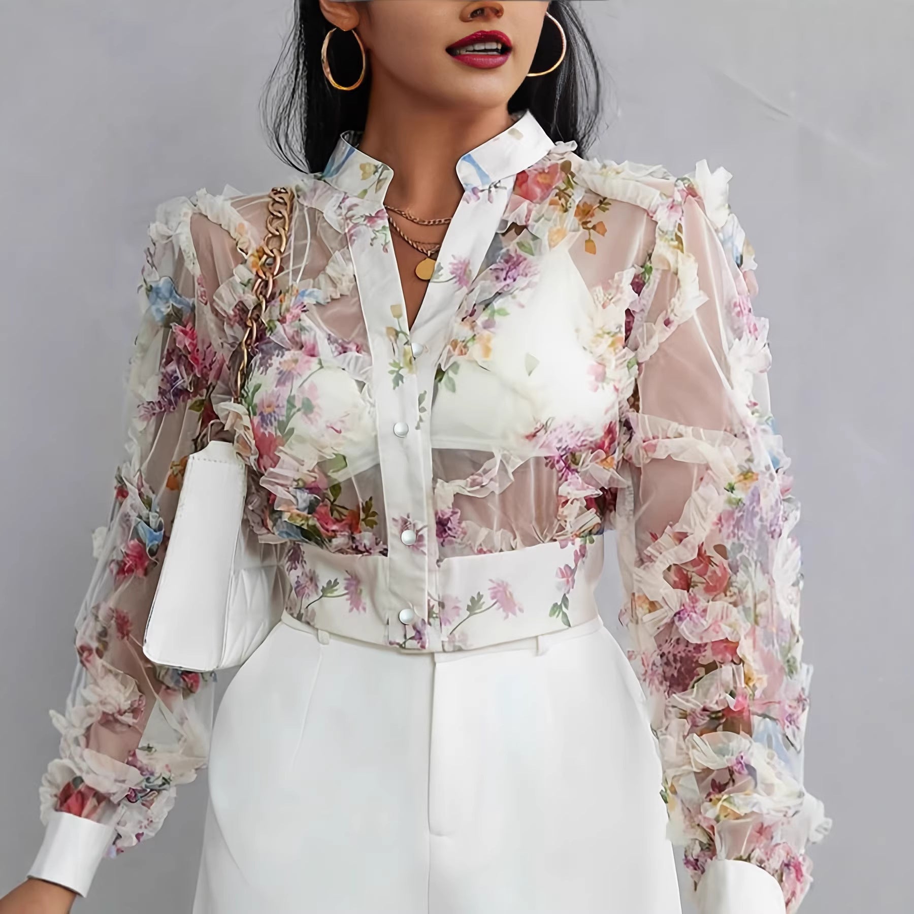 Niche Lace Floral Chiffon Shirt Long Sleeve Ruffle-trimmed Blouse