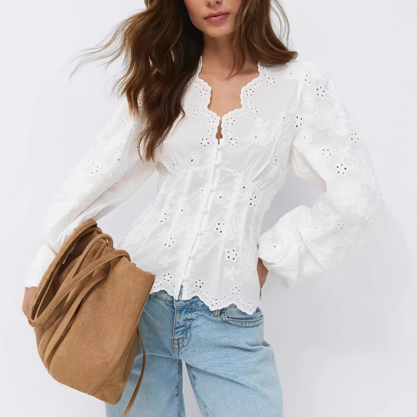 Lace-Trimmed Casual Solid-Color Shirt