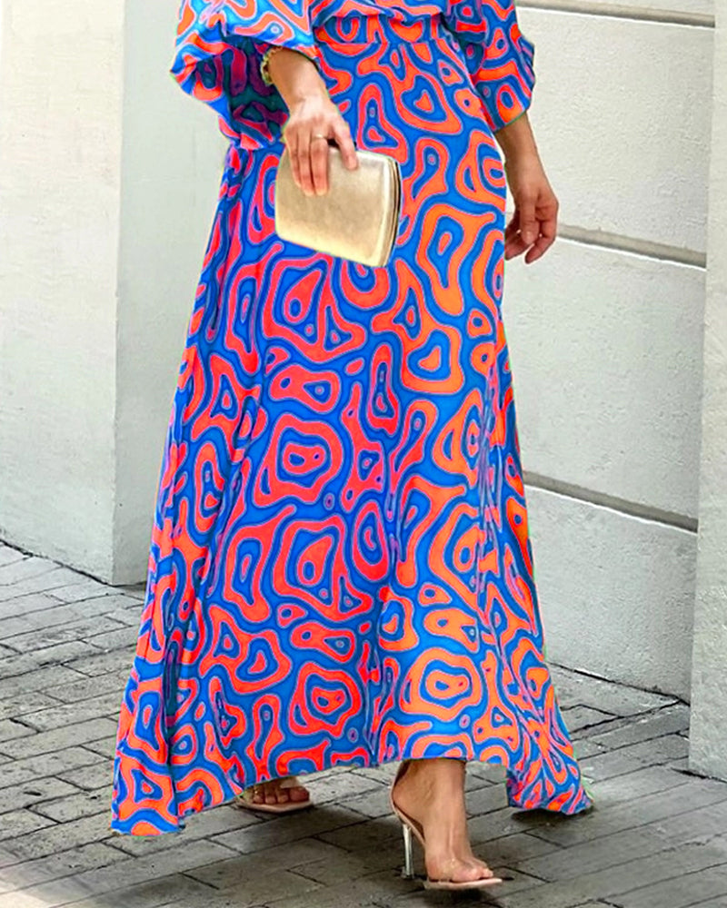 Crew Neck Print Top & Skirt Two Piece Set