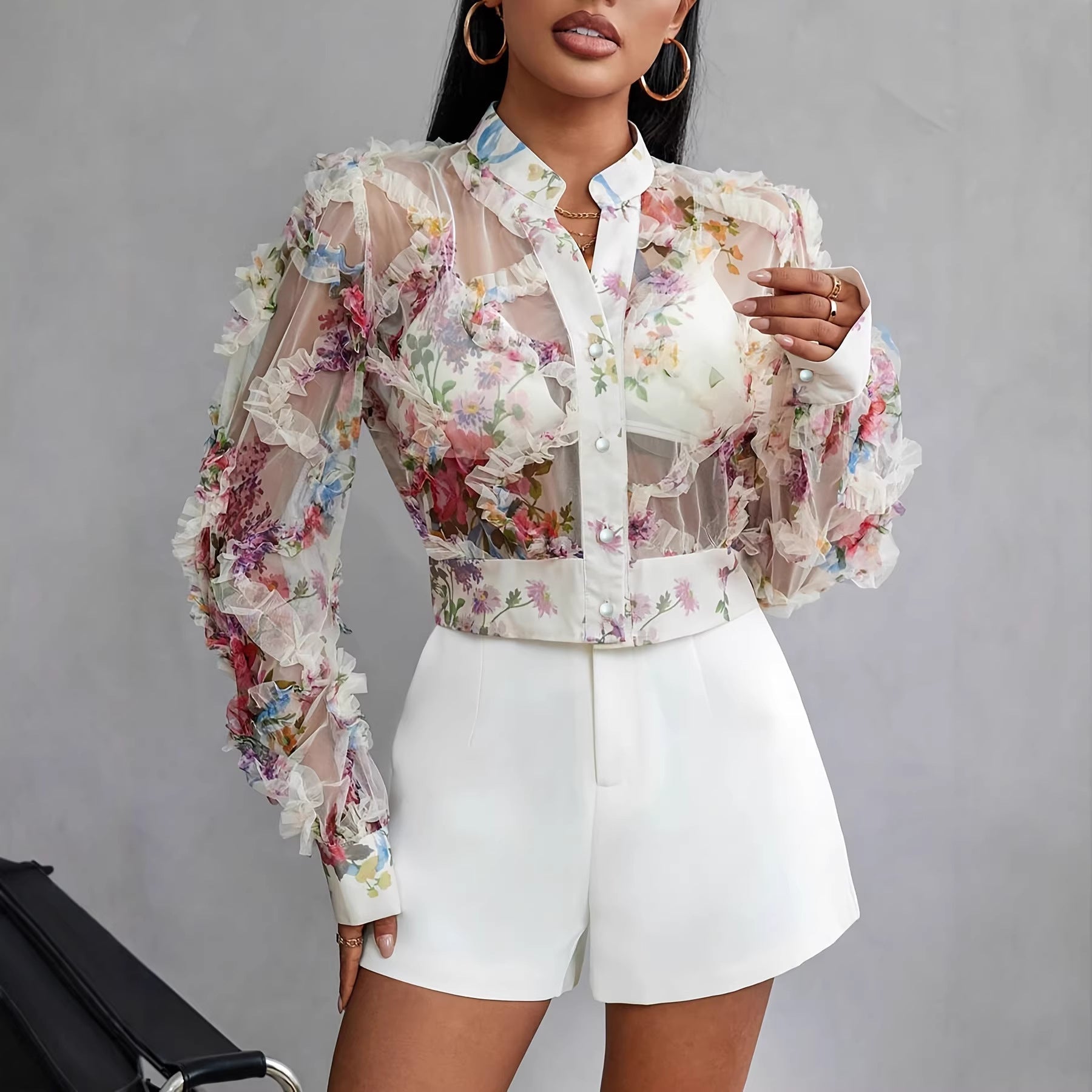Lace Floral Chiffon Shirt Long Sleeve Ruffle-Trimmed Blouse