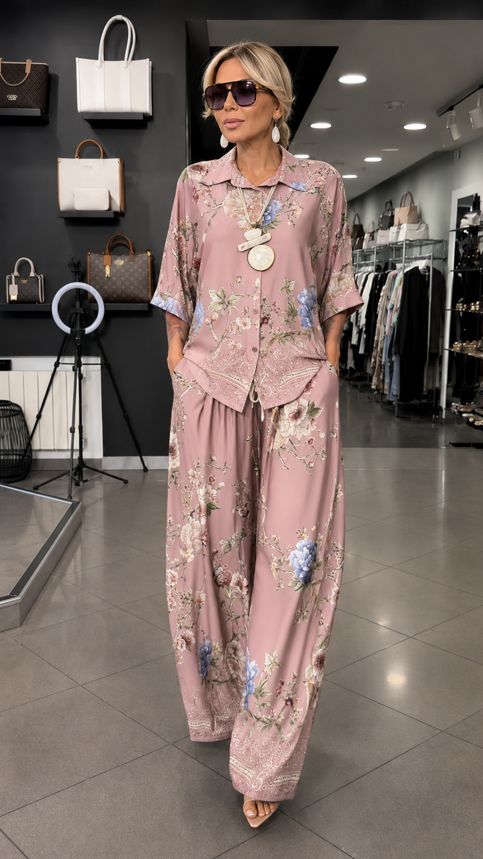 Floral Print Two Piece Set With Button Shirt & Wide Leg