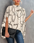 Round Neck Loose Doll Sleeve Print Shirt Top