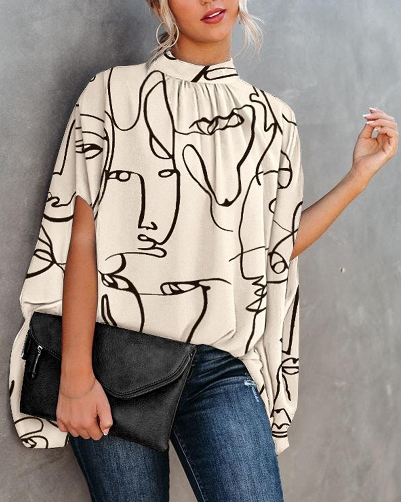 Round Neck Loose Doll Sleeve Print Shirt Top